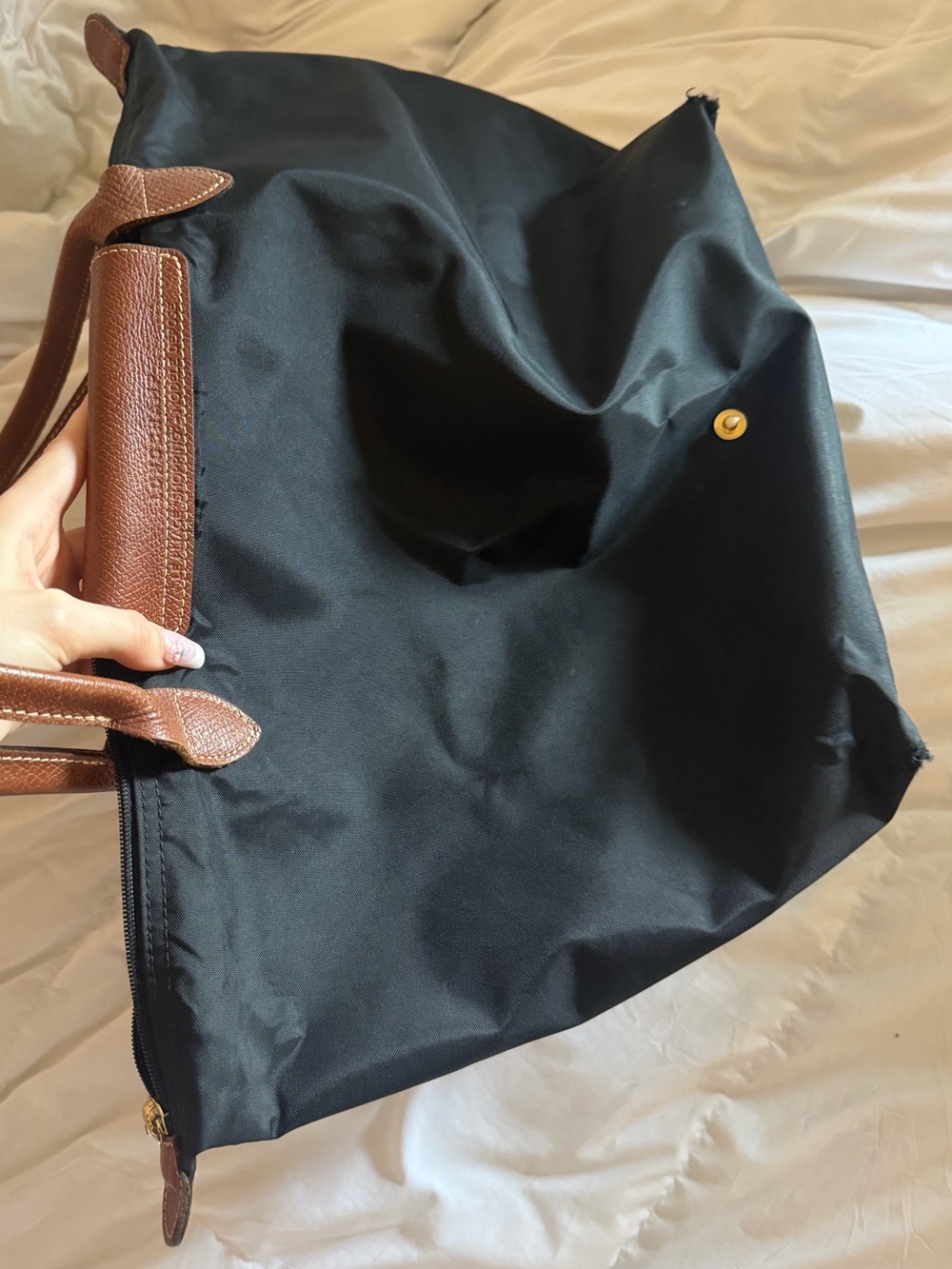 Authentic Longchamp Le Pliage Classic Black & Brown Tote Euro Chic - Picture 6 of 10